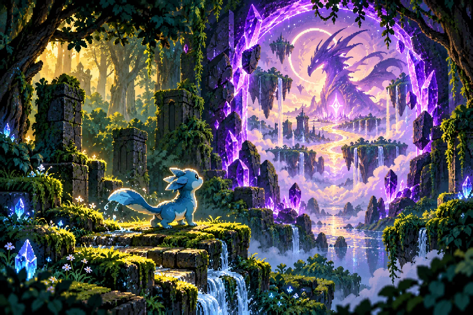 Original pixel-art illustration of a blue fantasy companion approaching a violet rift